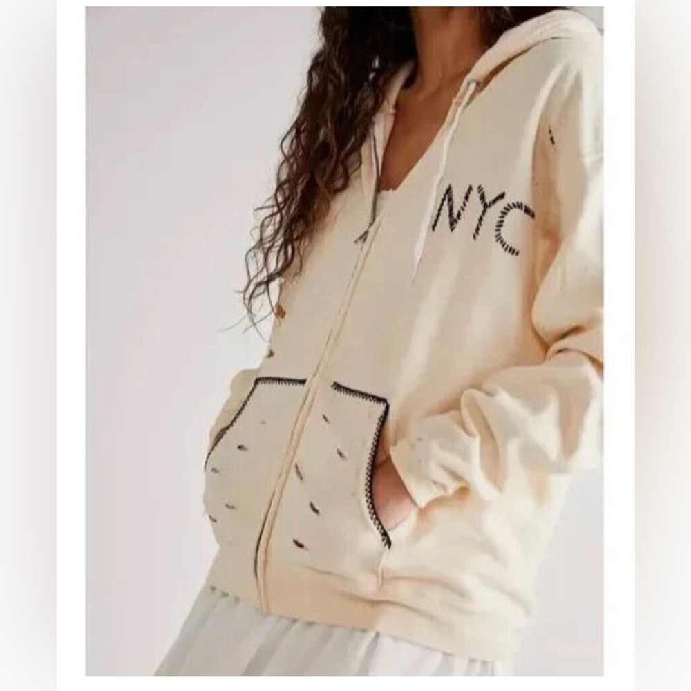 NWT Free People Tricia Fix Sweet Ivory Long Sleeve Stitch NYC Distress Hoodie